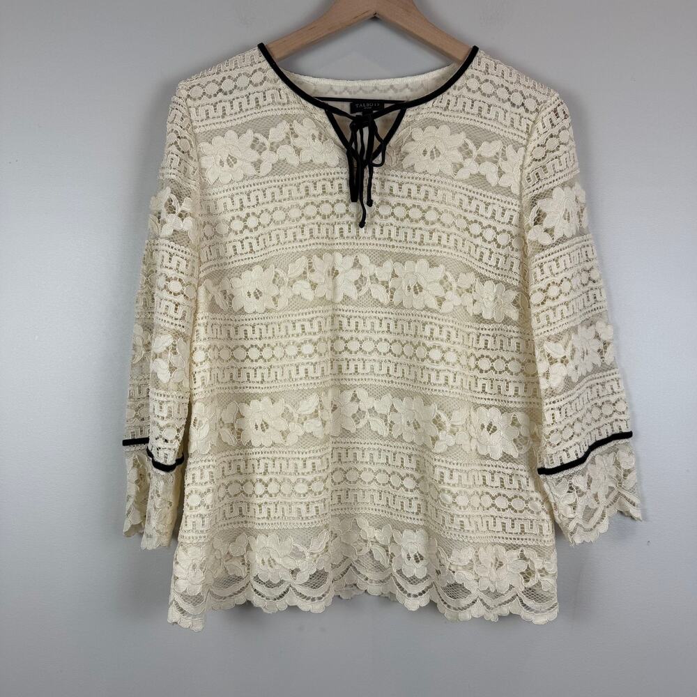 Talbots Top Women L‎ Petite Ivory Crochet Lace Tie Neck Blouse Coquette Romantic